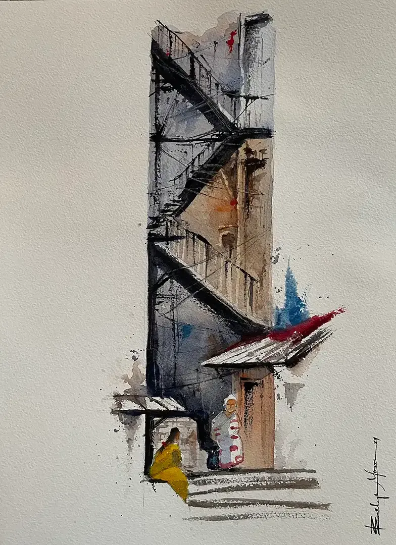 A watercolor painting of a fire escape on a building