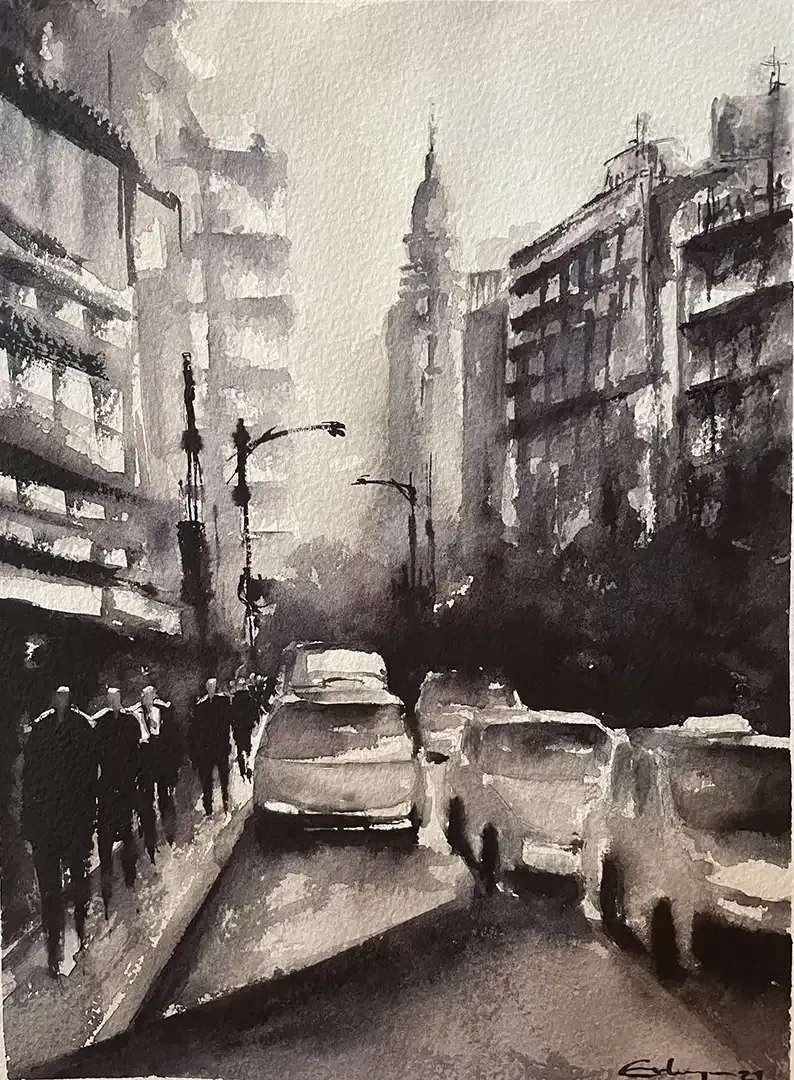 A black and white painting of a city street with cars driving down it.