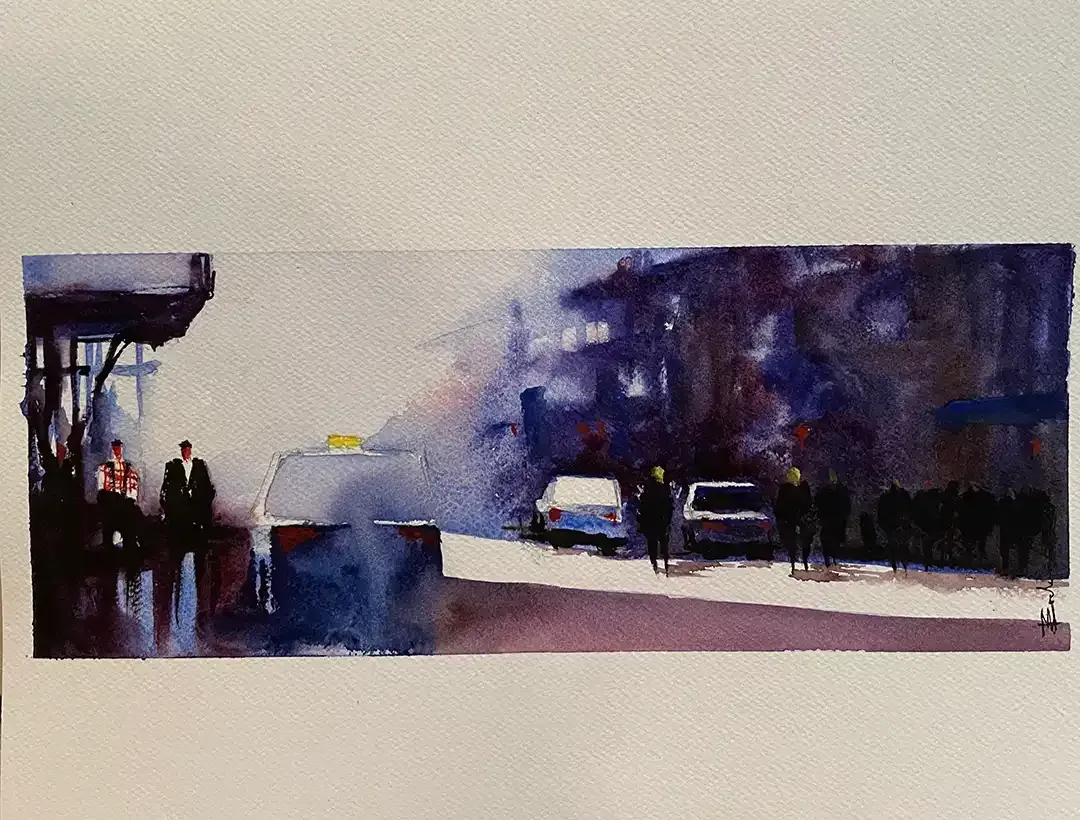 A painting of a street scene with a taxi and people