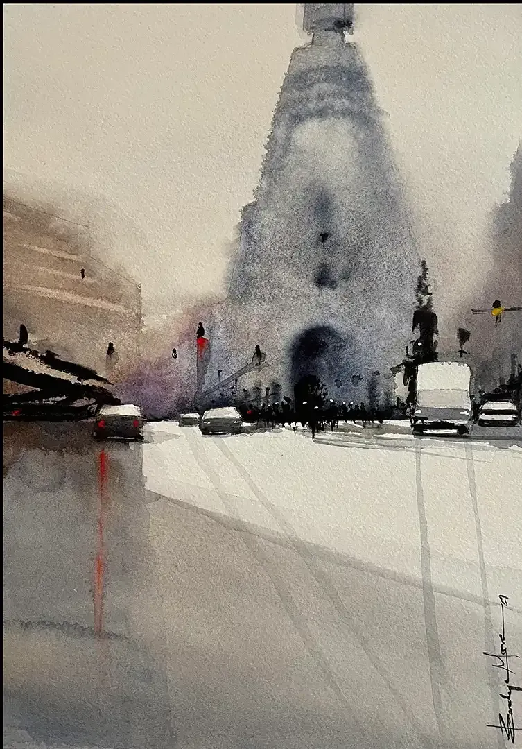 A watercolor painting of a city street with a clock tower in the background.