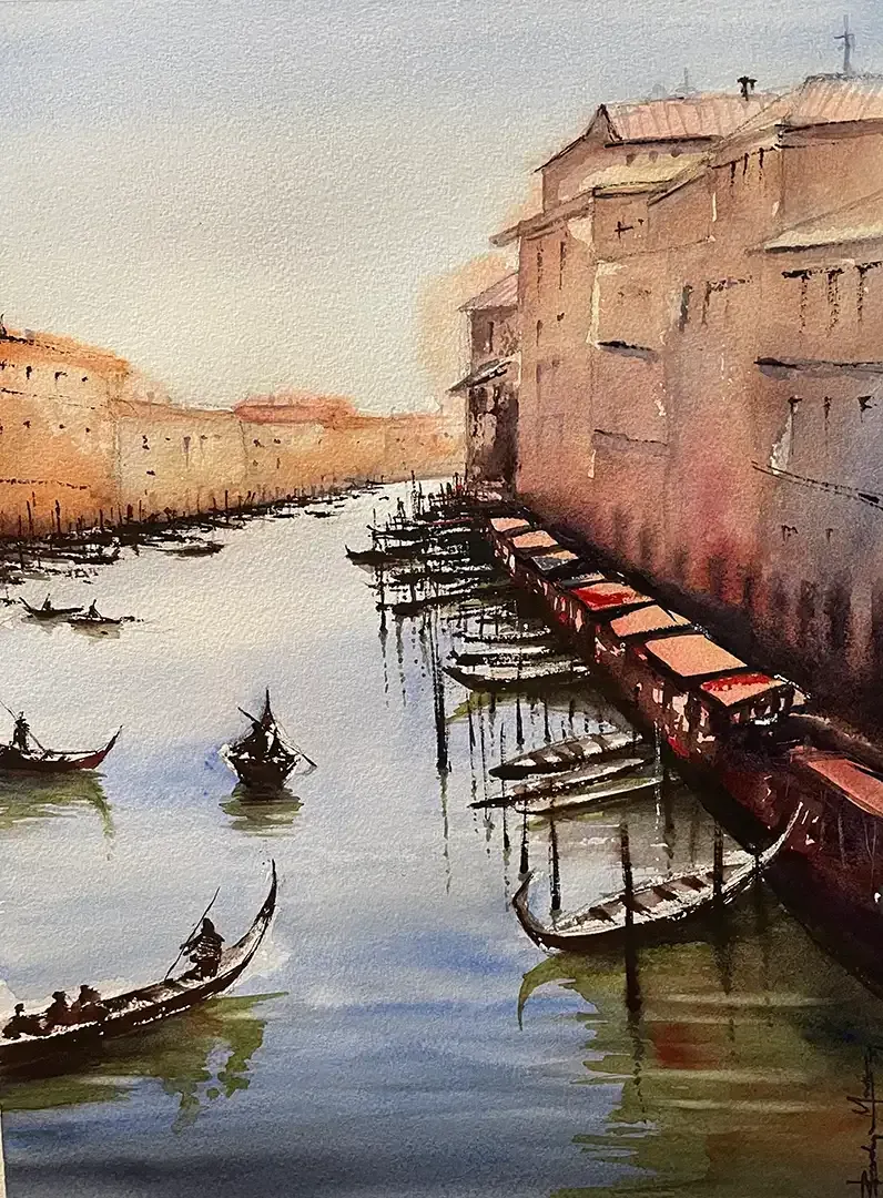 A painting of boats in a canal with buildings in the background