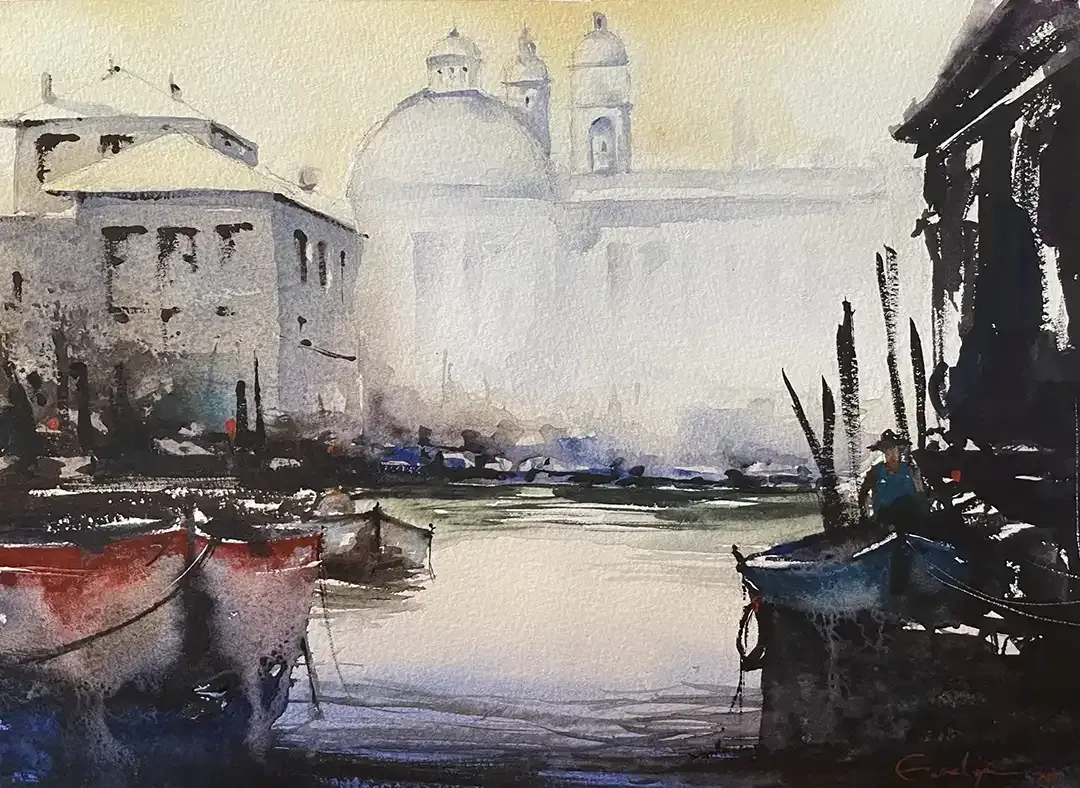 A watercolor painting of a canal with boats and buildings in the background.