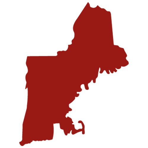A red map of New England on a white background