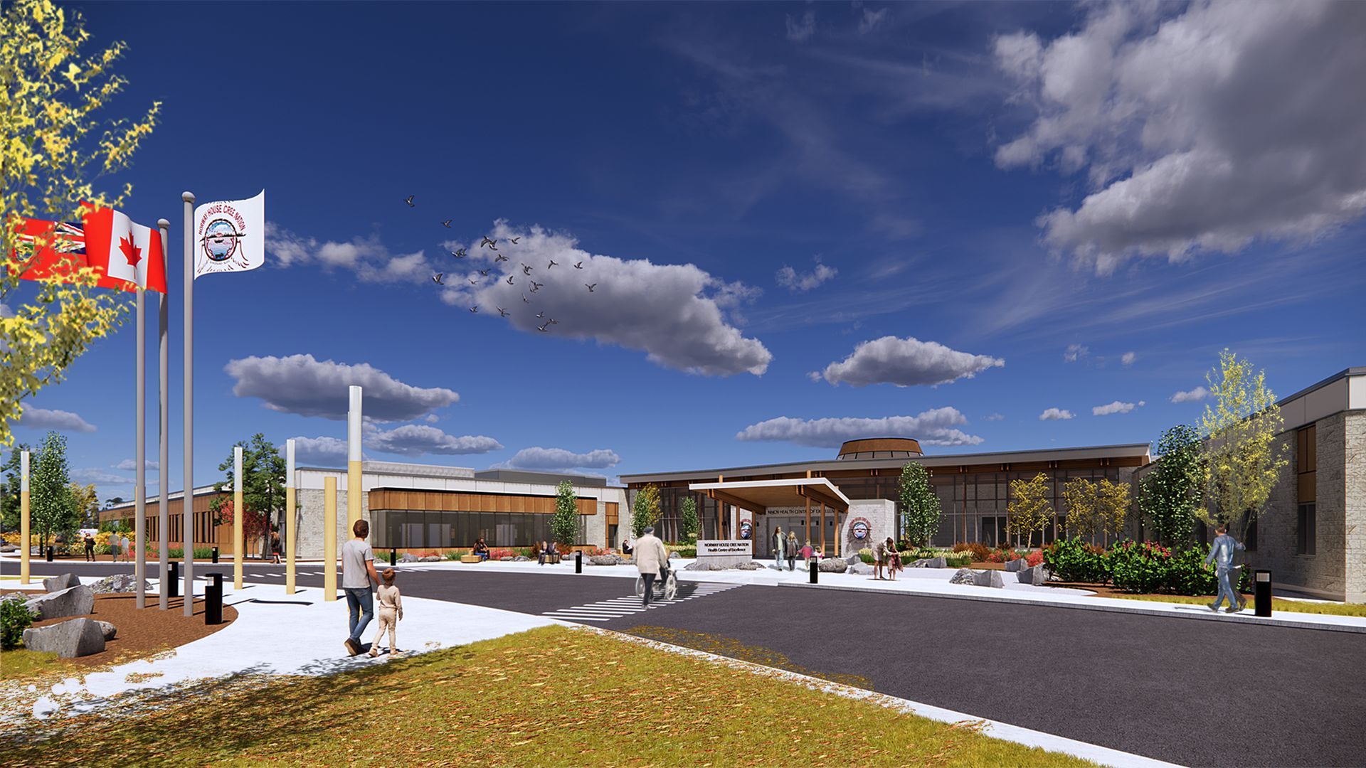 An artist 's impression of a new school building with flags flying in front of it.