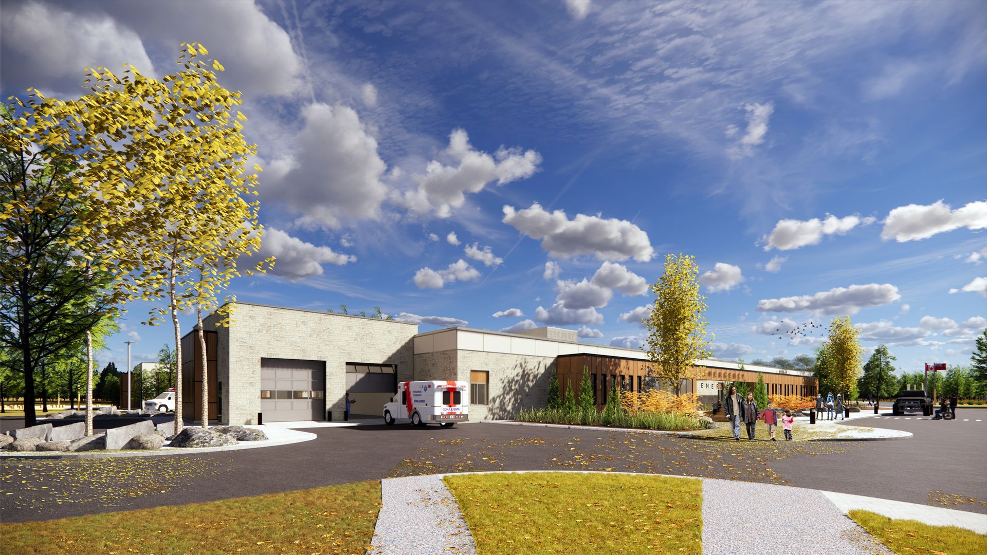 An artist 's impression of a hospital with an ambulance parked in front of it.