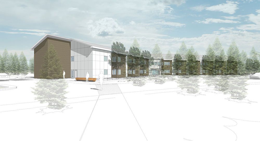 An artist 's impression of a building with trees in the background.