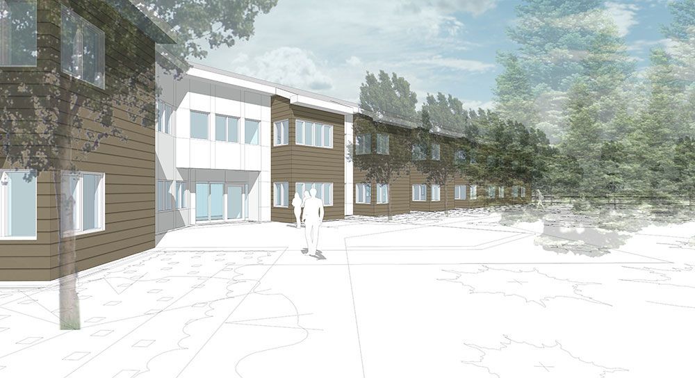 A drawing of a building with a lot of windows and trees in the background.