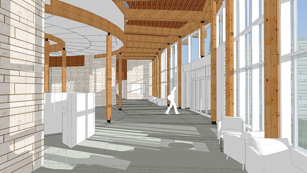 A rendering of a long hallway with lots of windows and wooden beams.