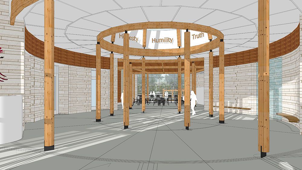 An artist 's impression of a building with a circular wooden structure.