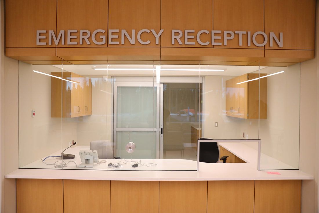 An empty emergency reception area in a hospital