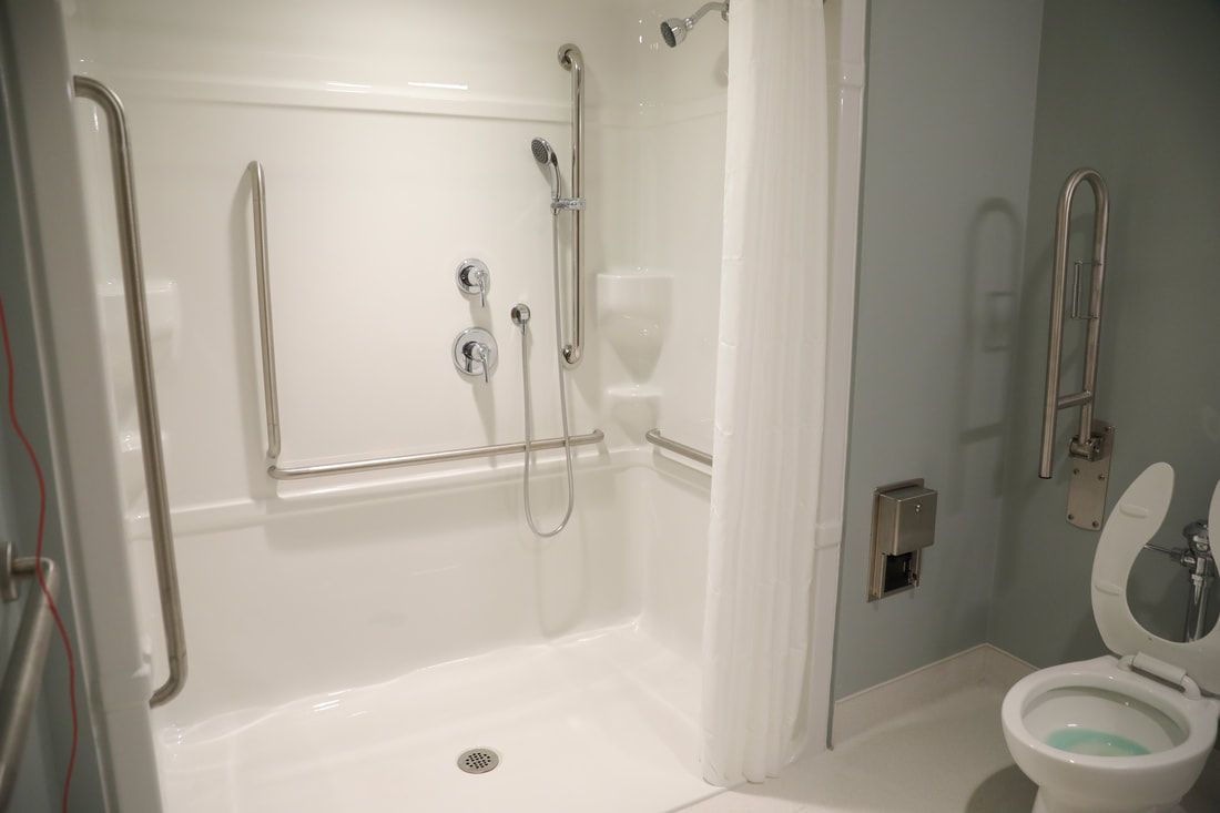 A bathroom with a toilet , shower , and handrails.