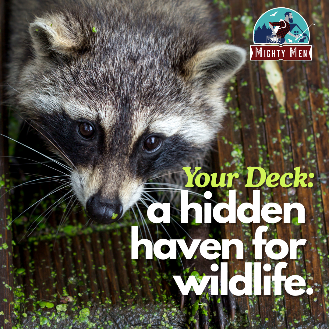 A raccoon is sitting on a wooden deck with the words your deck : a hidden haven for wildlife.