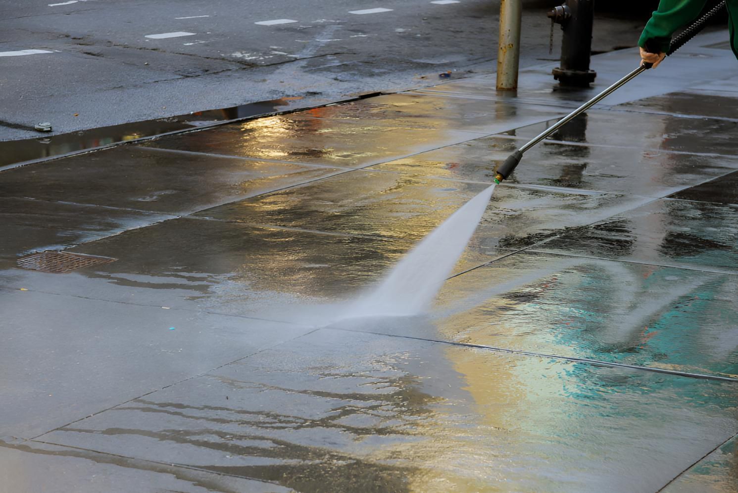 A Person is Using a High Pressure Washer to Clean a Sidewalk — Porta-Vac in Airlie Beach, QLD