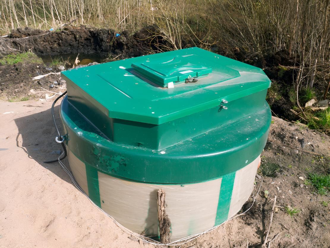 A Green And White Container Is Sitting In The Dirt — Porta-Vac in Bowen, QLD