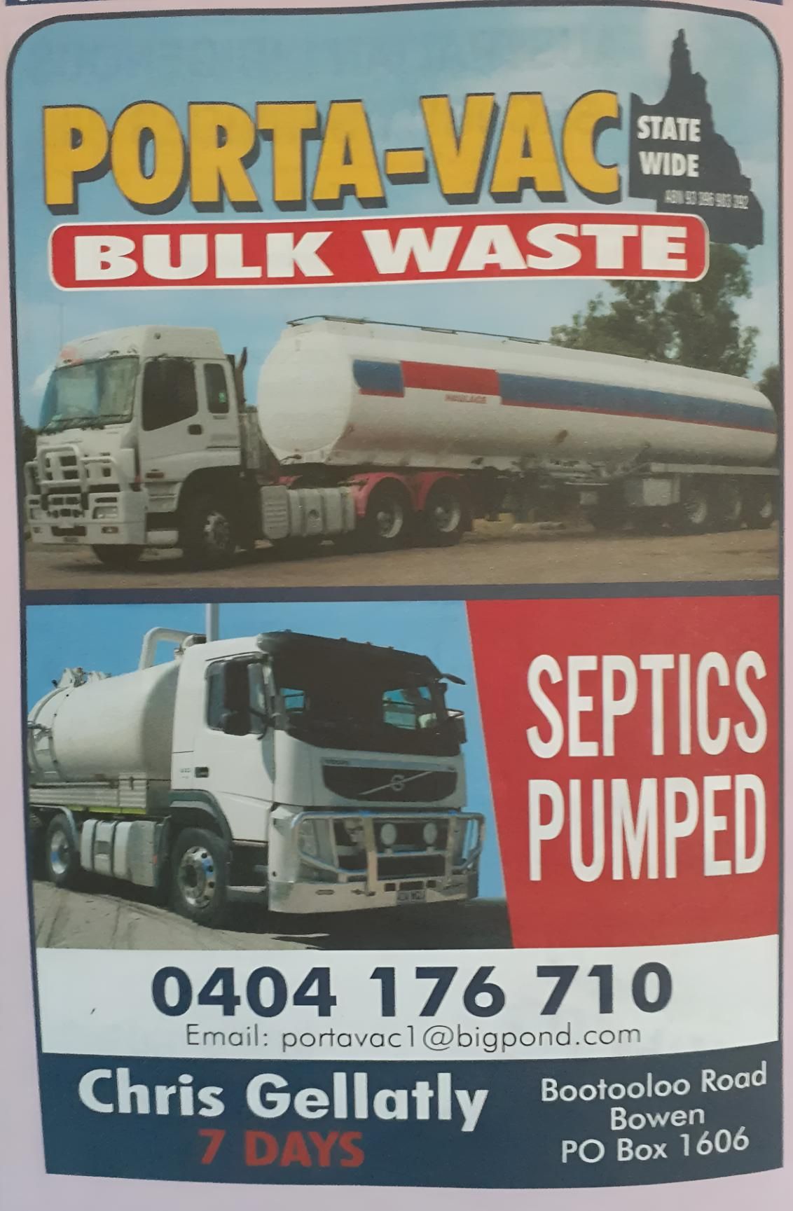 A Poster For Porta-vac Bulk Waste Septic Pumped By Chris Gellatly — Porta-Vac in Bowen, QLD