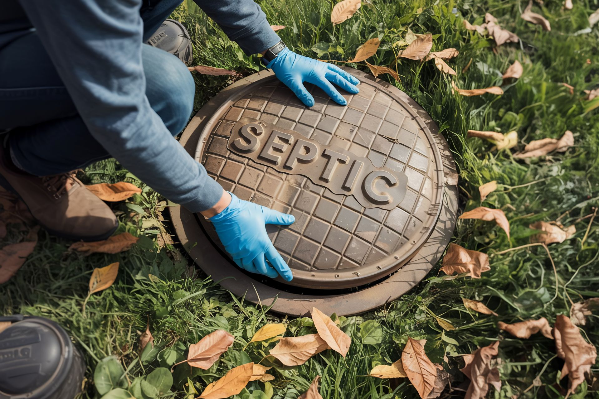 Professional technician opening a lid for a scheduled septic tank repair and inspection.