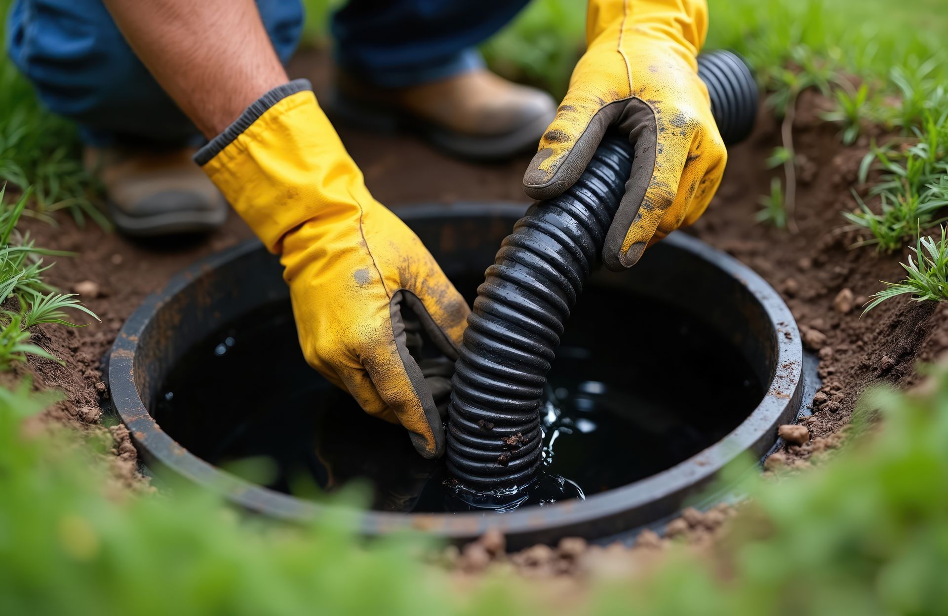 Close-up of hands in yellow gloves using a vacuum hose for a residential septic tank repair.