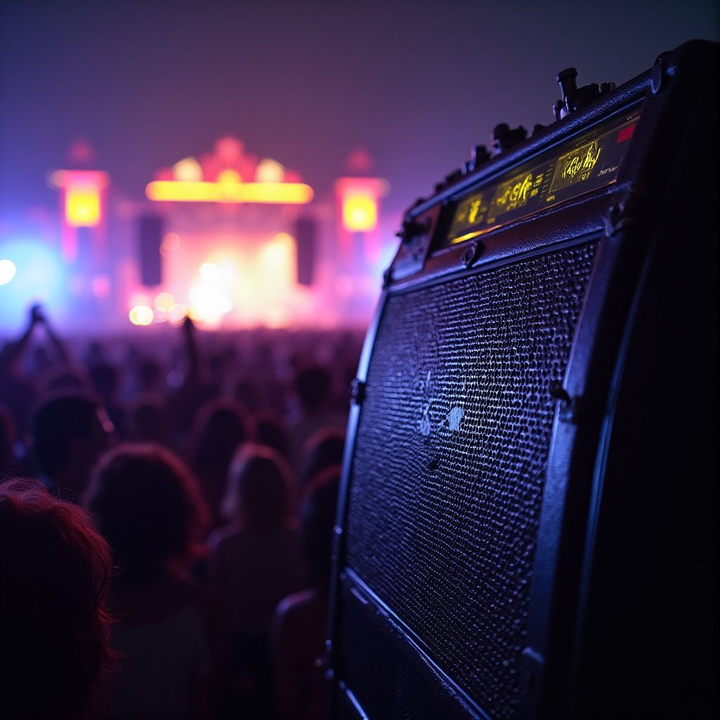 Amplificatore durante un concerto; palco con luci e folla sullo sfondo.
