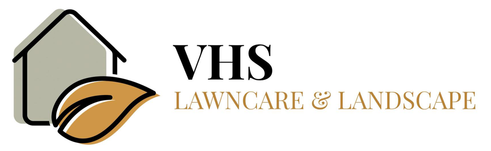 Logo for VHS Lawncare & Landscape featuring a gray house icon and a tan leaf shape beside the company name.