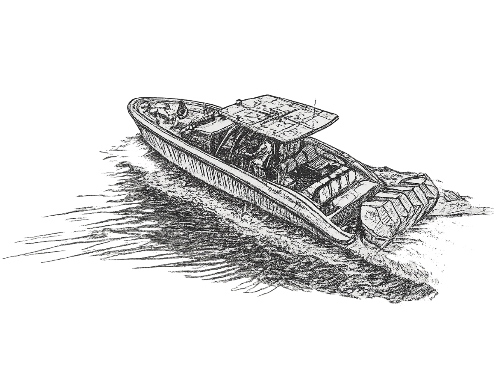 Boat on water, sketched in black and white, moving.