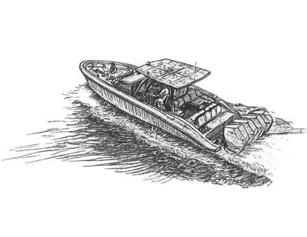 Boat on water, sketched in black and white, moving.