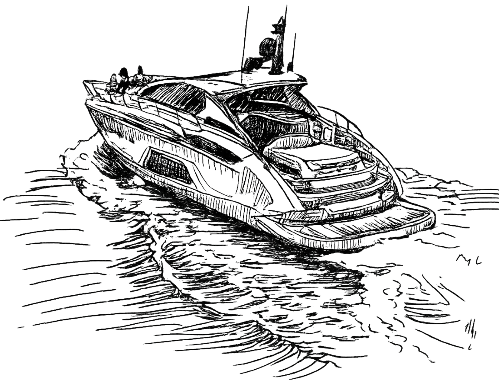 A motor yacht underway, creating a wake, in black and white.