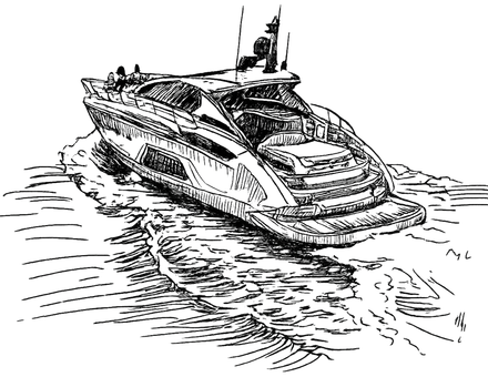 A motor yacht underway, creating a wake, in black and white.