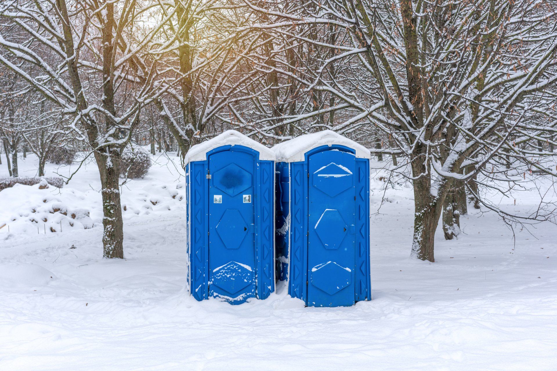 Two Portable Plastic Toilets In Park — North Jackson, MS — Gotta Go Site Service Rentals