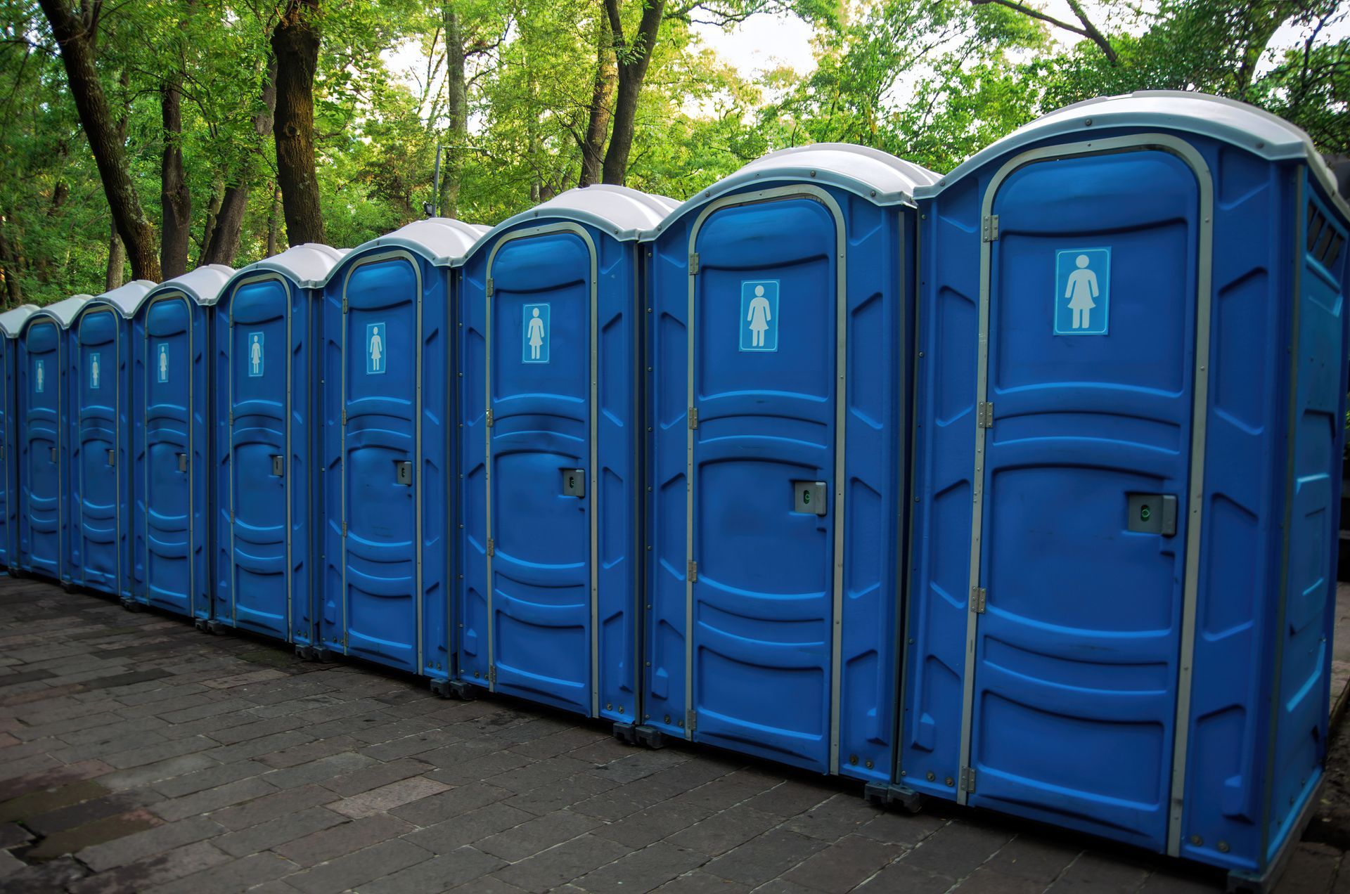 Plastic portable toilets for females in a row on a side walk