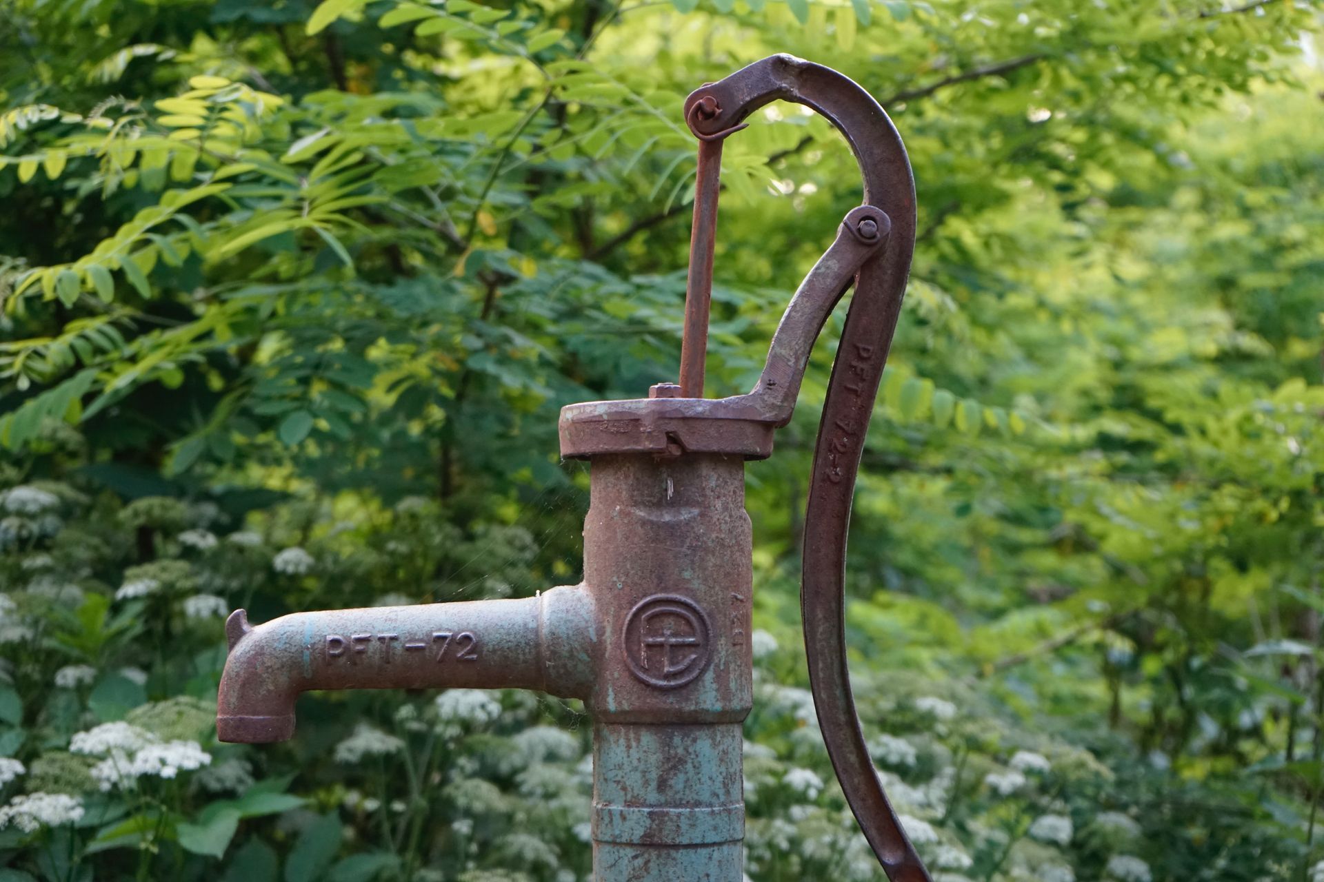 An old rusty water pump is sitting in the middle of a forest.