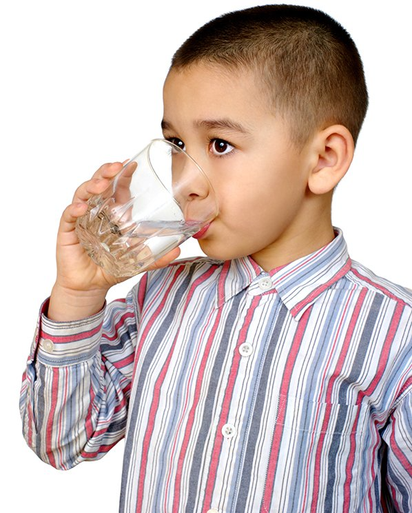 A child drinks water from a glass.