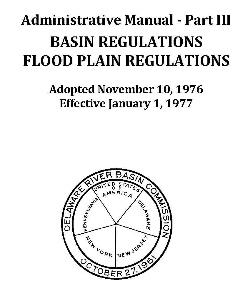 The cover page of Delaware River Basin Commission's 1976 Floodplain regulations including the Delaware River Basin Commission logo.