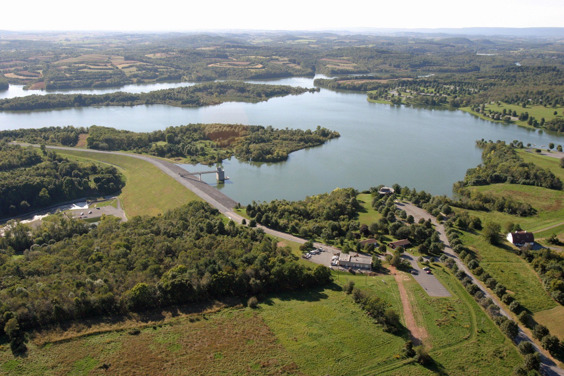 The Blue Marsh Reservoir in the Delaware River Basin is shown in an aerial view.