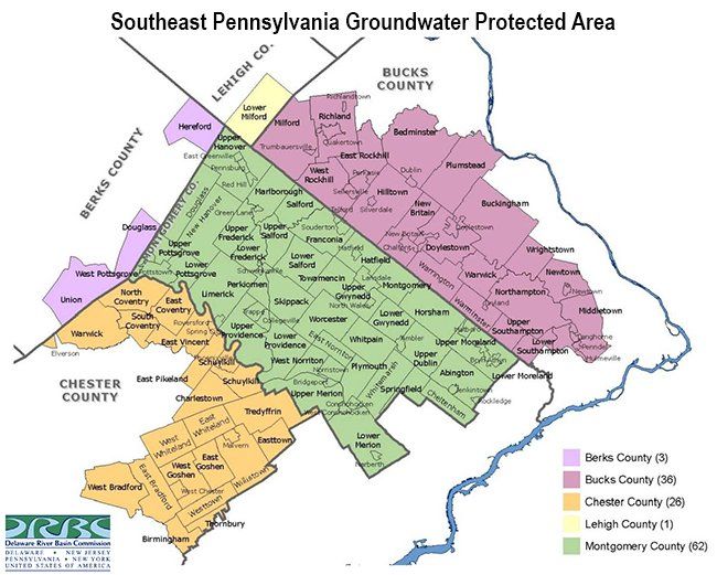 A map depicting the counties and municipalities within the Southeast Pennsylvania Groundwater Protected Area and including the Delaware River Basin Commission logo.