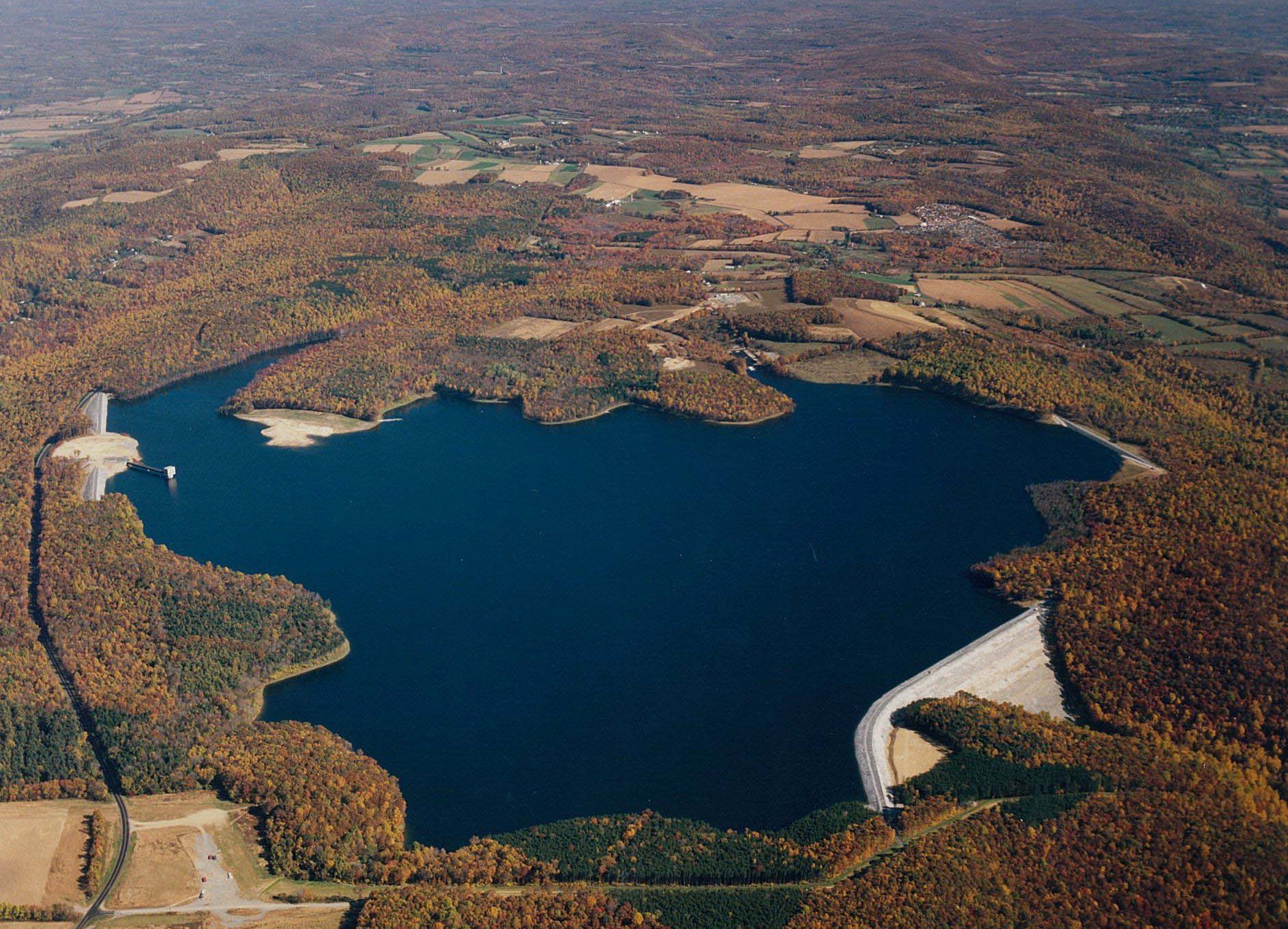 An aerial view of the Merrill Creek Reservoir in the Delaware River Basin.
