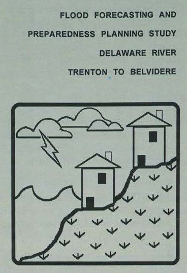The cover page of the Delaware River Basin Commission and Army Corps' Flood forecasting study for the Delaware River with a graphic containing lightening and two houses on a steep slope, and the logos of both agencies.