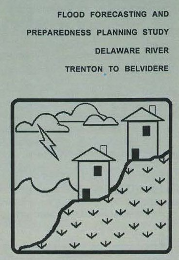 The cover page of the Delaware River Basin Commission and Army Corps' Flood forecasting study for the Delaware River with a graphic containing lightening and two houses on a steep slope, and the logos of both agencies.