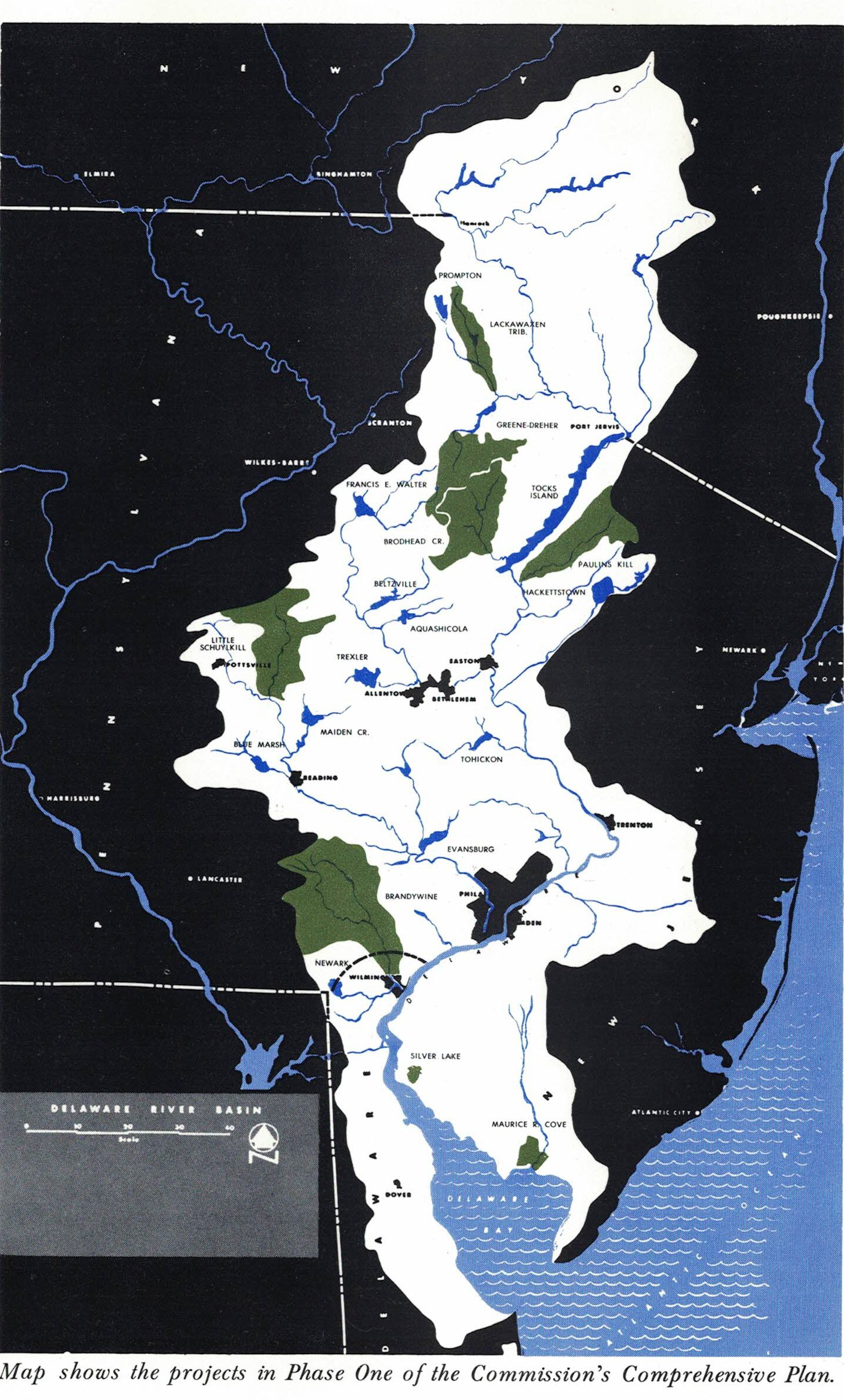 Eleven projects contained in the Delaware River Basin Commission's first comprehensive plan are shown on a map, including the Tocks Island dam.