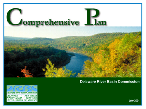 The cover page of the Delaware River Basin Commission 2001 Comprehensive Plan for the Delaware River Basin with the logos of the agency in the bottom left corner and a photo of the upper Delaware River across the cover.
