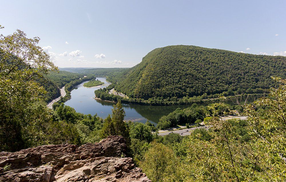 A view of the Delaware River from PA's Mount Minsi in the Delaware Water Gap.