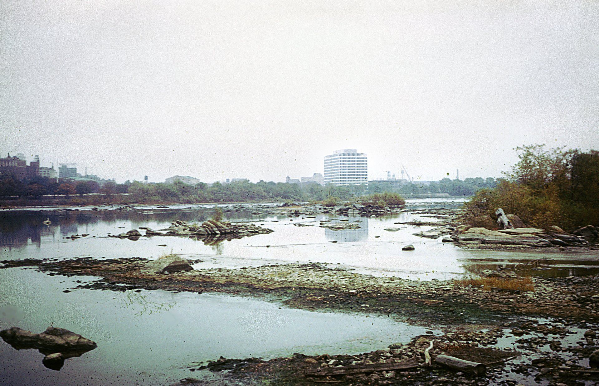 Drought conditions along the Delaware River at Morrisville, PA are shown in a 1963 Delaware River Basin Commission photo.
