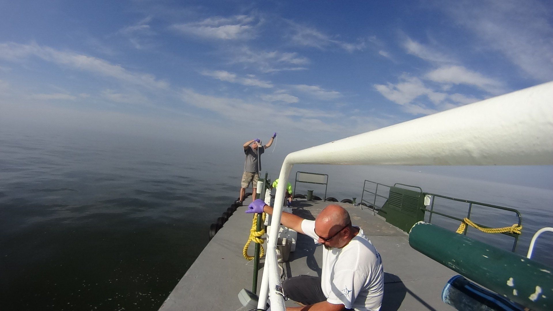 Delaware River Basin Commission staff collect water samples in Delaware Bay as part of the Delaware Estuary Water Quality Monitoring Program.