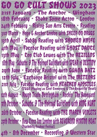 A poster for go go cult shows in the year 2023