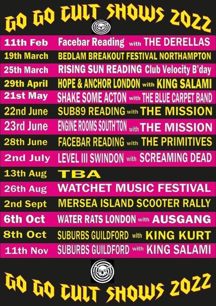 A poster that says go go cult shows 2022