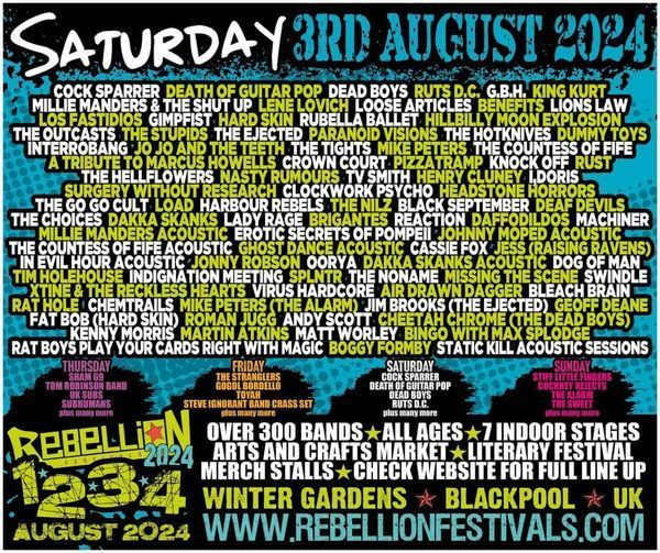 A poster for rebellion 1234 on saturday august 3rd