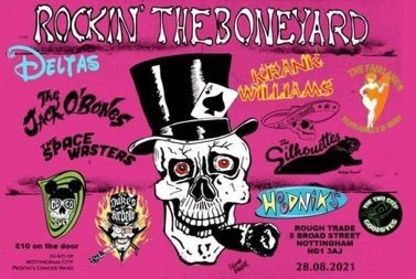 A poster for rockin the boneyard shows a skull wearing a top hat