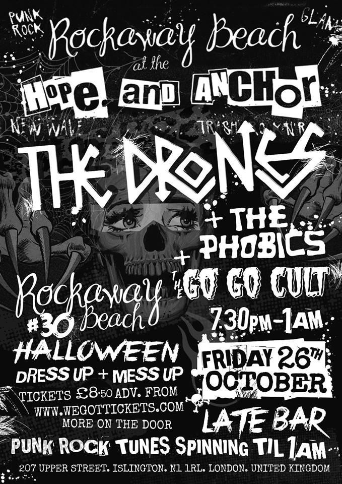 A black and white poster for a rock concert at rockaway beach.