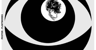 A black and white eye with a skull in the center