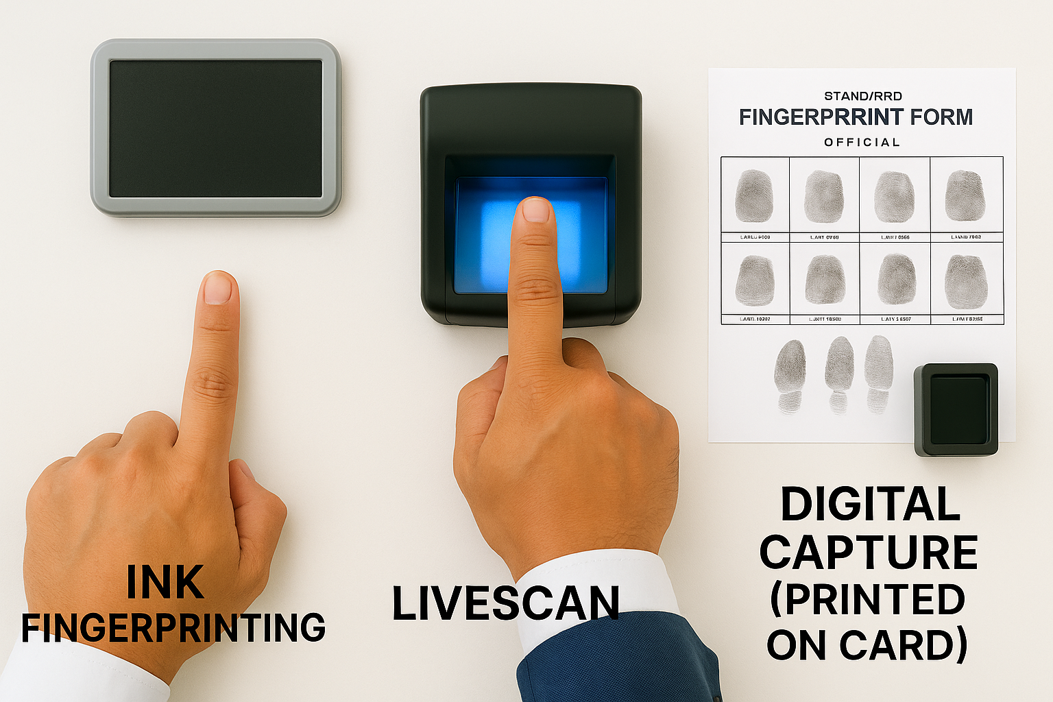 Ink fingerprint card, live scan device, and digital print method side-by-side.