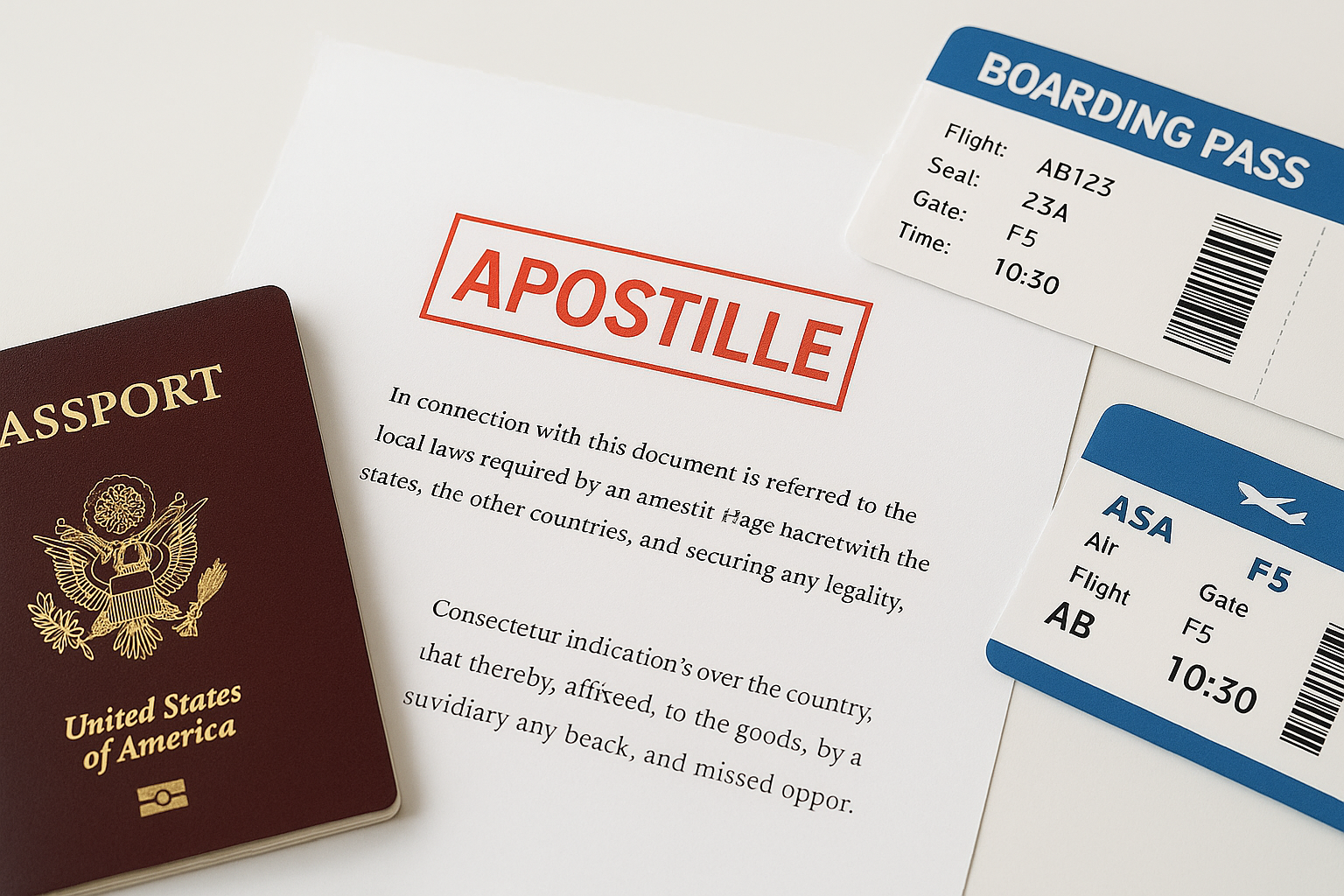 An official-looking document stamped “APOSTILLE” alongside a passport and plane ticket.
